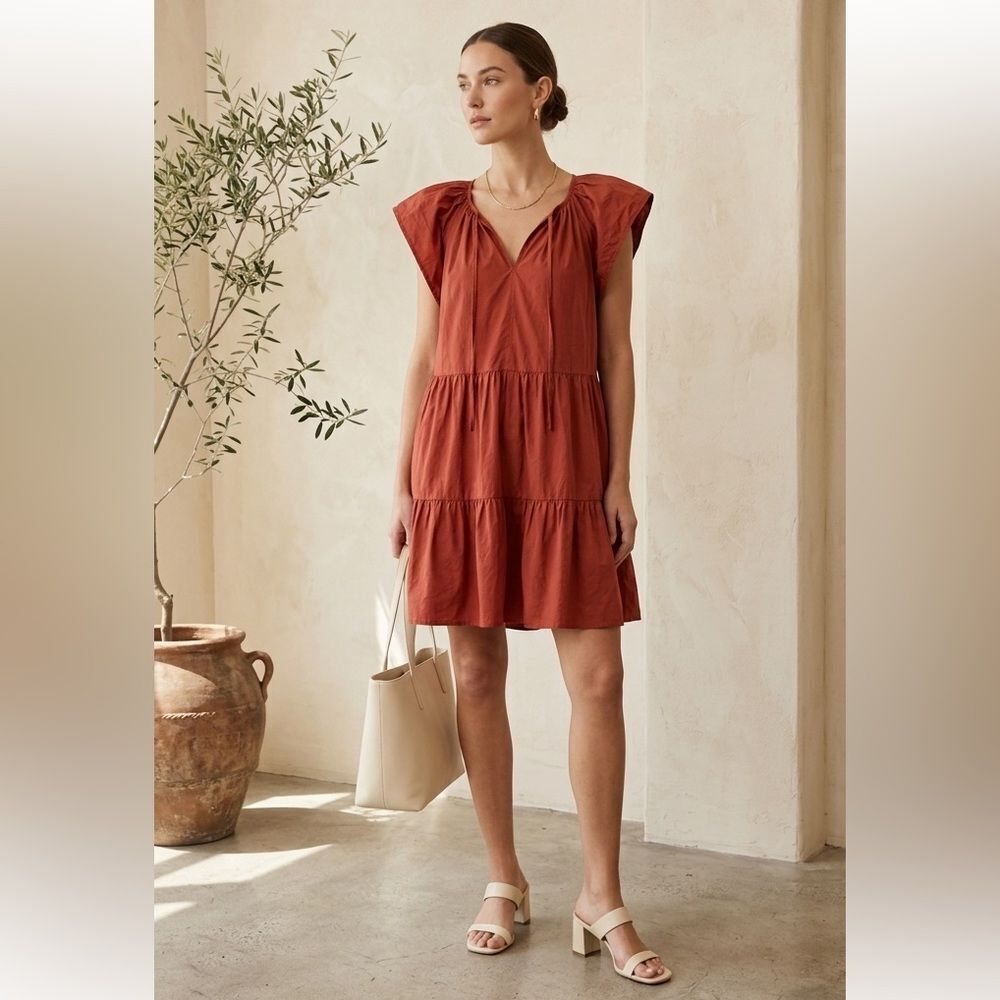 PINCH Rust 100% Cotton Tiered Babydoll Mini Dress Size L Boho Earthy Fall